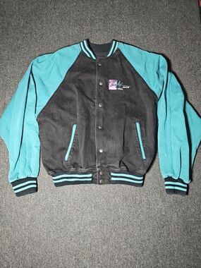 Vintage 90s International Denim Jacket Bomber Snap Up Teal Black Mens Large